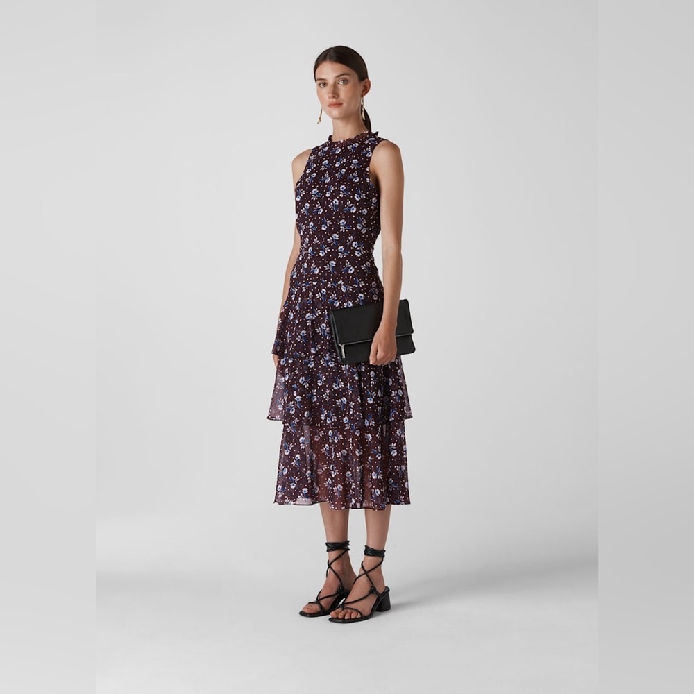 Whistles Floral Tiered Midi Dress UK 8 / US 4 | Metallic Occasion Dress